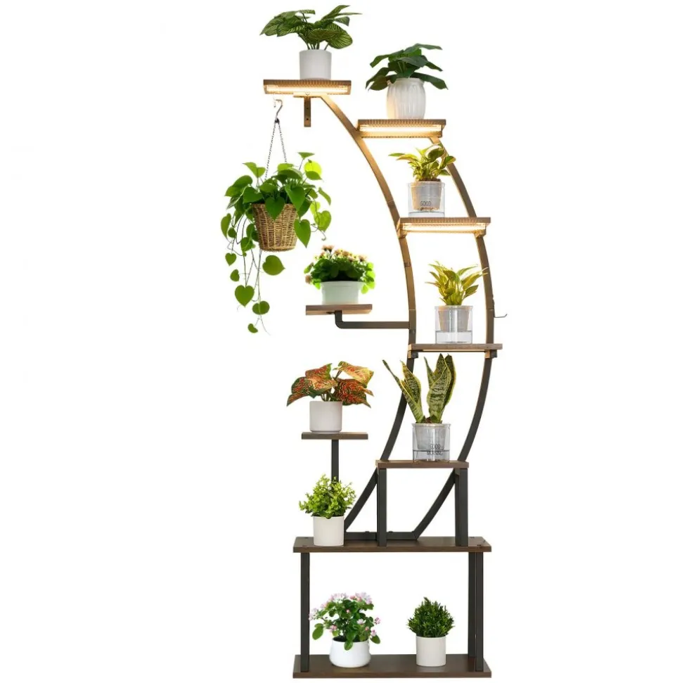 VEVOR Plant Stand Indoor with Grow Lights, 63 in Tall 9-Tier Lighted Plant Shelf, Metal Corner Plants Holder, 3 Timer & 10 Brightness, Curve-Shaped Flower Display Rack for Living Room Balcony Decor