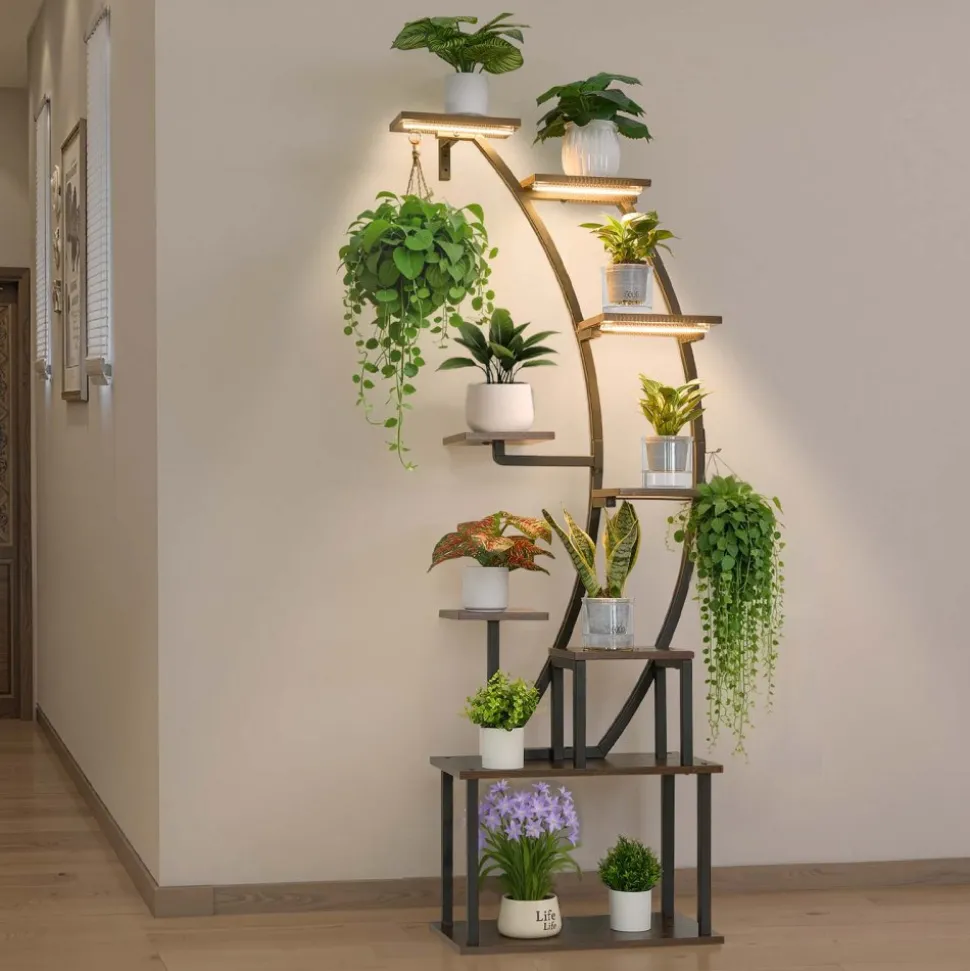 VEVOR Plant Stand Indoor with Grow Lights, 63 in Tall 9-Tier Lighted Plant Shelf, Metal Corner Plants Holder, 3 Timer & 10 Brightness, Curve-Shaped Flower Display Rack for Living Room Balcony Decor