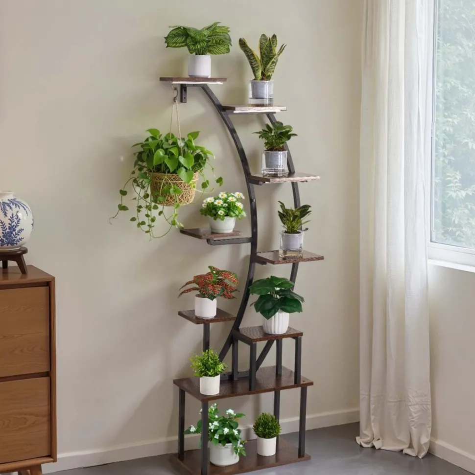 VEVOR Plant Stand Indoor with Grow Lights, 63 in Tall 9-Tier Lighted Plant Shelf, Metal Corner Plants Holder, 3 Timer & 10 Brightness, Curve-Shaped Flower Display Rack for Living Room Balcony Decor
