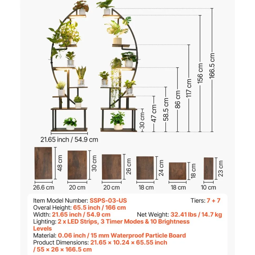 VEVOR Plant Stand Indoor with Grow Lights, 65.5 in Tall 7-Tiered Lighted Plant Shelf, 2 Pack Metal Corner Plants Holder, 3 Timer & 10 Brightness, Half-Moon Shaped Flower Display Rack for Living Room