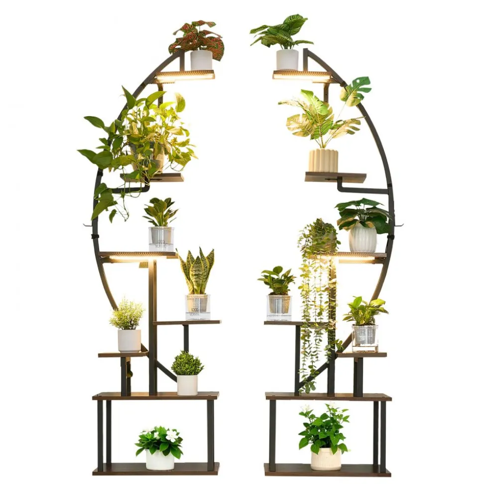 VEVOR Plant Stand Indoor with Grow Lights, 65.5 in Tall 7-Tiered Lighted Plant Shelf, 2 Pack Metal Corner Plants Holder, 3 Timer & 10 Brightness, Half-Moon Shaped Flower Display Rack for Living Room