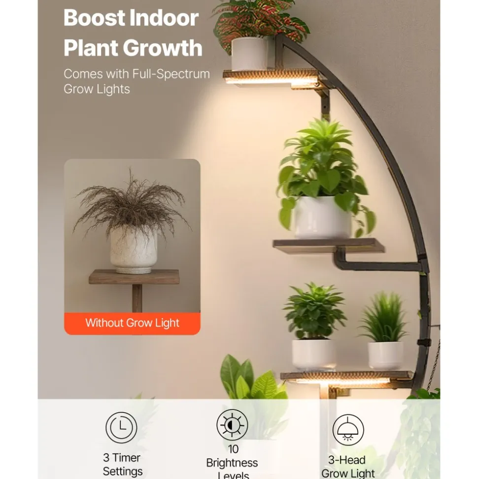 VEVOR Plant Stand Indoor with Grow Lights, 65.5 in Tall 7-Tiered Lighted Plant Shelf, 2 Pack Metal Corner Plants Holder, 3 Timer & 10 Brightness, Half-Moon Shaped Flower Display Rack for Living Room