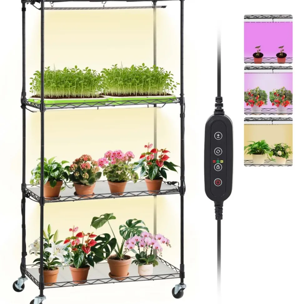 VEVOR Plant Stand with Grow Light, 4-Tier Plant Shelf with 45W Full Spectrum Grow Light, 3 Mode Plant Light with Timer and Wheel for Seed Starting, Metal Grow Light Shelf for Indoor Plants