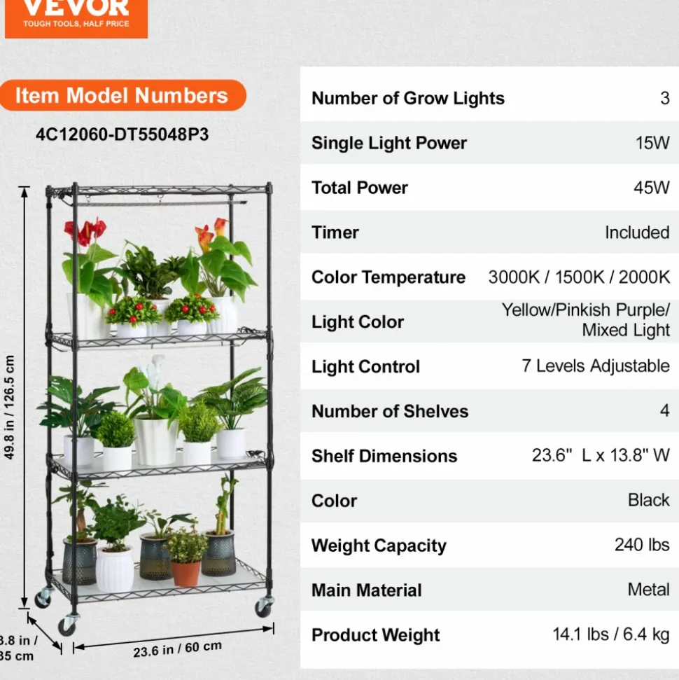 VEVOR Plant Stand with Grow Light, 4-Tier Plant Shelf with 45W Full Spectrum Grow Light, 3 Mode Plant Light with Timer and Wheel for Seed Starting, Metal Grow Light Shelf for Indoor Plants