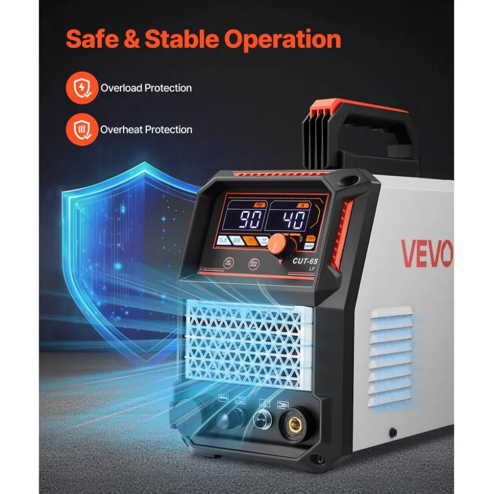 VEVOR Plasma Cutter, 65A Non-Touch Pilot Arc Plasma Cutting Machine Non-High Frequency - with 2T/4T Function & Adjustable PT Time, 110V/220V Dual Voltage Digital Display IGBT Inverter