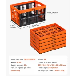 VEVOR Plastic Collapsible Storage Bins, 45L 6 Packs, Stackable Folding Storage Crates with Handles, Holds 33 lbs Per Bin, Foldable Heavy Duty Containers, Space-Saving Baskets, for Home Organizing