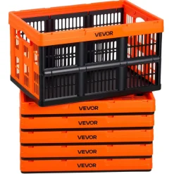 VEVOR Plastic Collapsible Storage Bins, 45L 6 Packs, Stackable Folding Storage Crates with Handles, Holds 33 lbs Per Bin, Foldable Heavy Duty Containers, Space-Saving Baskets, for Home Organizing