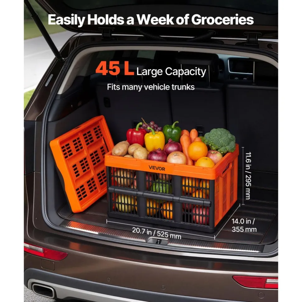 VEVOR Plastic Collapsible Storage Bins, 45L 6 Packs, Stackable Folding Storage Crates with Handles, Holds 33 lbs Per Bin, Foldable Heavy Duty Containers, Space-Saving Baskets, for Home Organizing