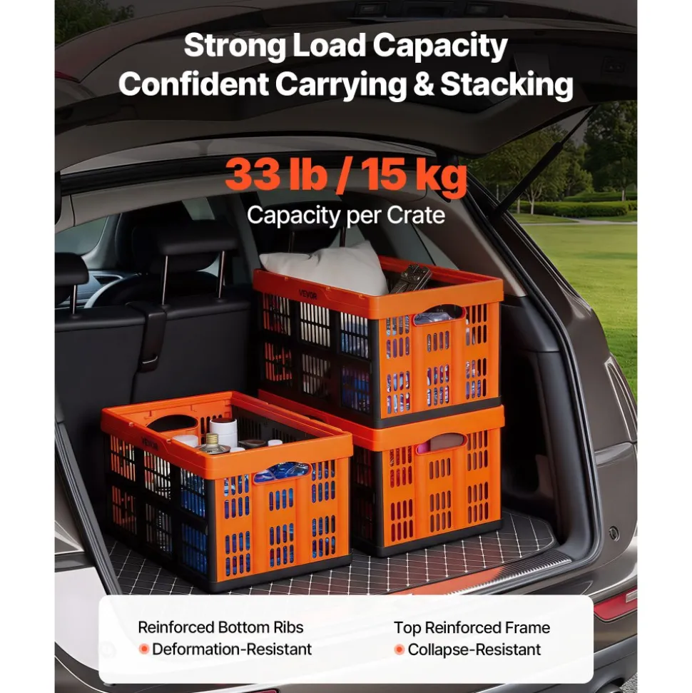 VEVOR Plastic Collapsible Storage Bins, 45L 6 Packs, Stackable Folding Storage Crates with Handles, Holds 33 lbs Per Bin, Foldable Heavy Duty Containers, Space-Saving Baskets, for Home Organizing