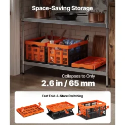 VEVOR Plastic Collapsible Storage Bins, 45L 6 Packs, Stackable Folding Storage Crates with Handles, Holds 33 lbs Per Bin, Foldable Heavy Duty Containers, Space-Saving Baskets, for Home Organizing