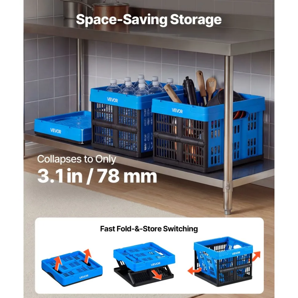 VEVOR Plastic Collapsible Storage Bins, 25L 3 Packs, Stackable Folding Storage Crates with Handles, Holds 22 lbs Per Bin, Foldable Heavy Duty Containers, Space-Saving Baskets, for Home Organizing