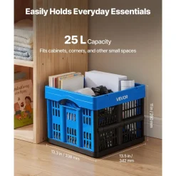 VEVOR Plastic Collapsible Storage Bins, 25L 3 Packs, Stackable Folding Storage Crates with Handles, Holds 22 lbs Per Bin, Foldable Heavy Duty Containers, Space-Saving Baskets, for Home Organizing