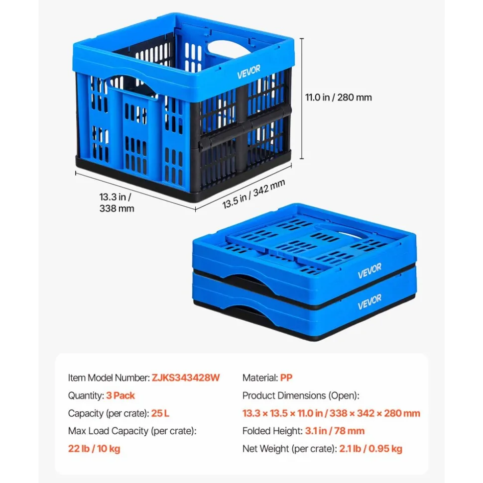 VEVOR Plastic Collapsible Storage Bins, 25L 3 Packs, Stackable Folding Storage Crates with Handles, Holds 22 lbs Per Bin, Foldable Heavy Duty Containers, Space-Saving Baskets, for Home Organizing