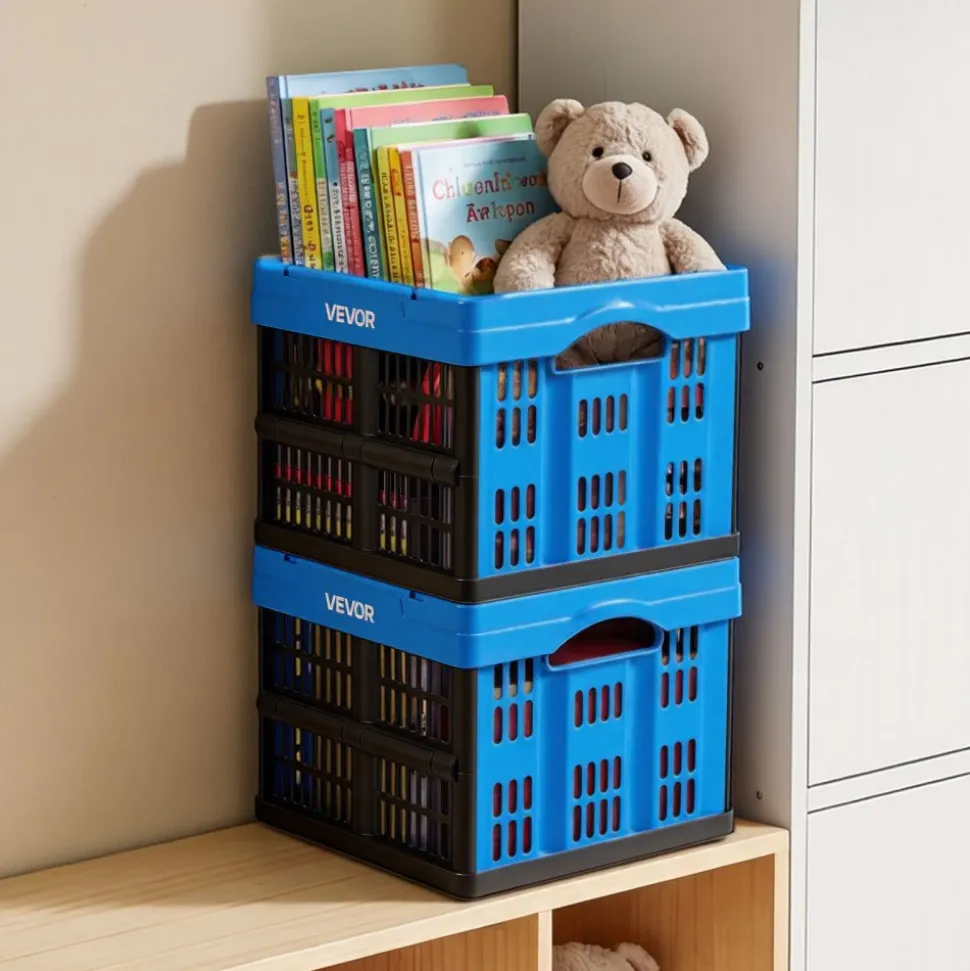 VEVOR Plastic Collapsible Storage Bins, 25L 3 Packs, Stackable Folding Storage Crates with Handles, Holds 22 lbs Per Bin, Foldable Heavy Duty Containers, Space-Saving Baskets, for Home Organizing