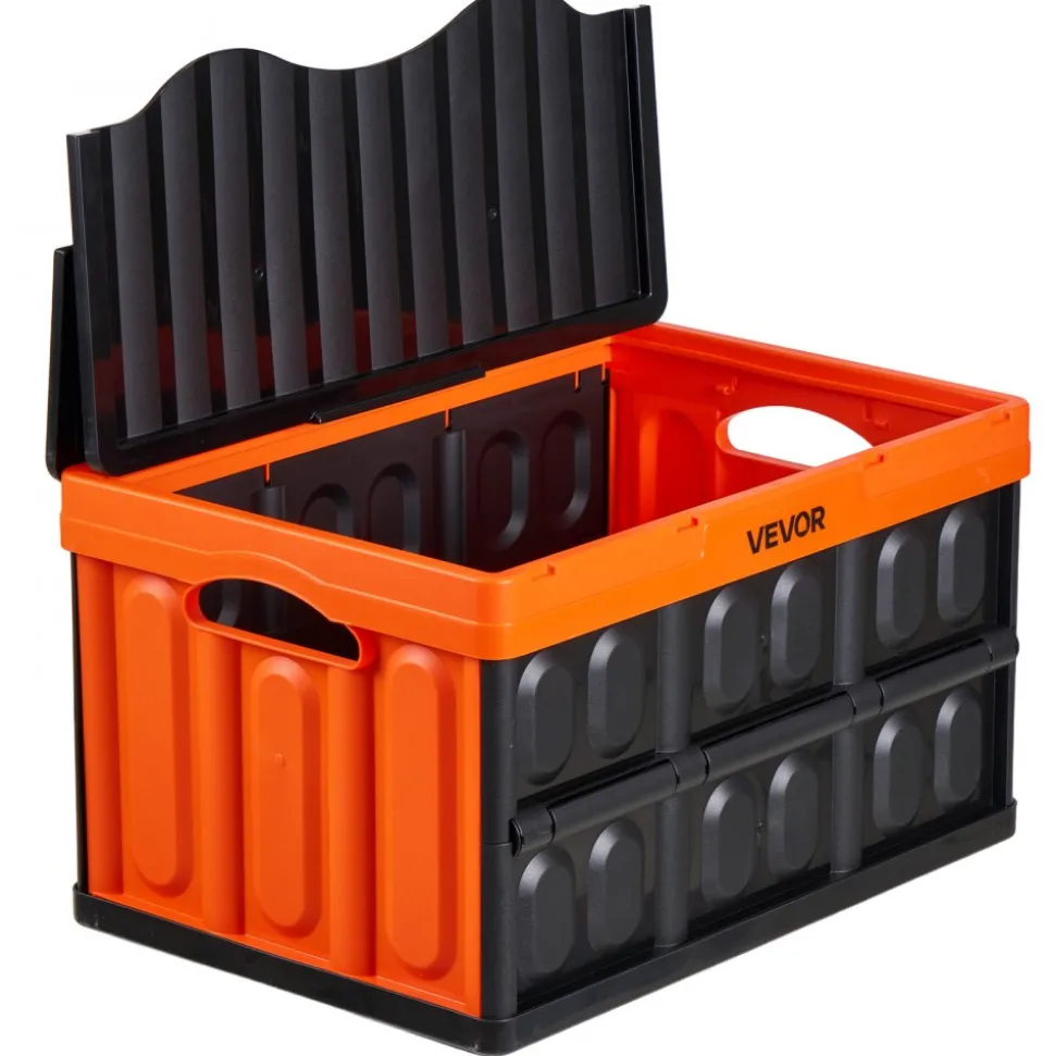 VEVOR Plastic Collapsible Storage Bins with Lids, 65L 2 Packs, Stackable Folding Storage Crates with Handles, Holds 84 lbs Per Bin, Heavy Duty Containers, Space-Saving Baskets, for Home Organizing