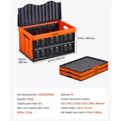 VEVOR Plastic Collapsible Storage Bins with Lids, 65L 2 Packs, Stackable Folding Storage Crates with Handles, Holds 84 lbs Per Bin, Heavy Duty Containers, Space-Saving Baskets, for Home Organizing