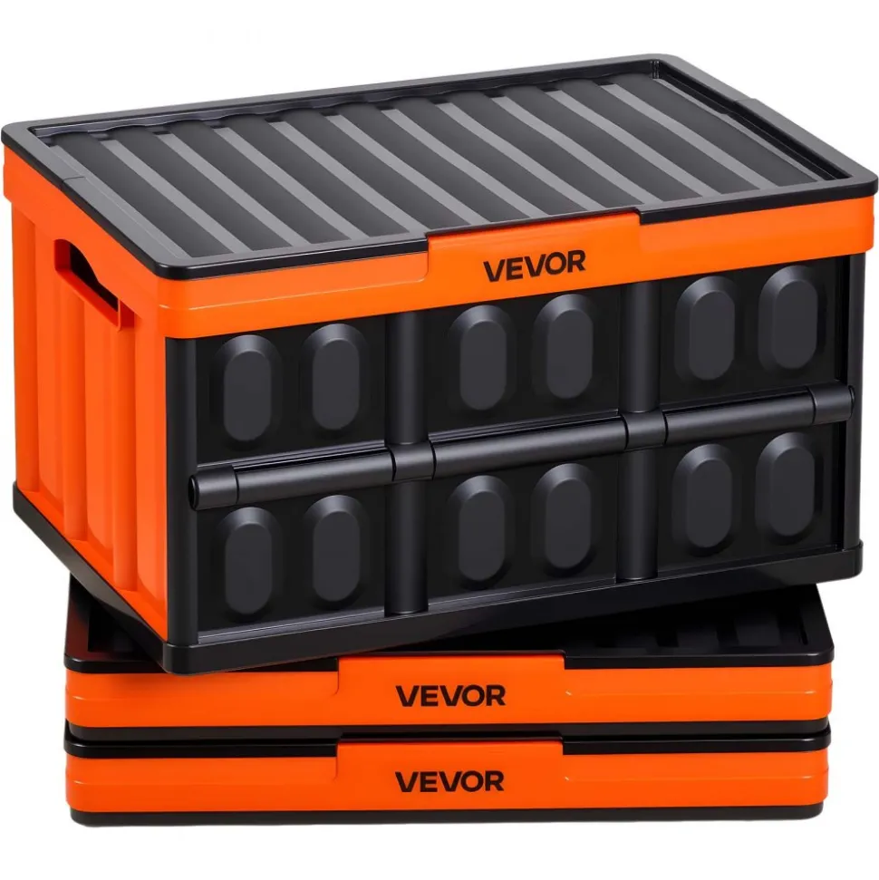 VEVOR Plastic Collapsible Storage Bins with Lids, 65L 2 Packs, Stackable Folding Storage Crates with Handles, Holds 84 lbs Per Bin, Heavy Duty Containers, Space-Saving Baskets, for Home Organizing