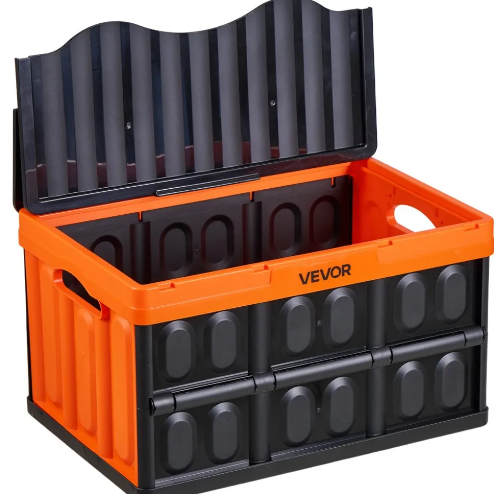 VEVOR Plastic Collapsible Storage Bins with Lids, 65L 2 Packs, Stackable Folding Storage Crates with Handles, Holds 84 lbs Per Bin, Heavy Duty Containers, Space-Saving Baskets, for Home Organizing
