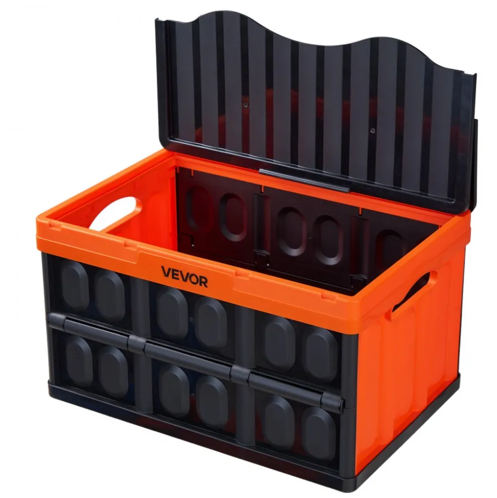 VEVOR Plastic Collapsible Storage Bins with Lids, 65L 2 Packs, Stackable Folding Storage Crates with Handles, Holds 84 lbs Per Bin, Heavy Duty Containers, Space-Saving Baskets, for Home Organizing