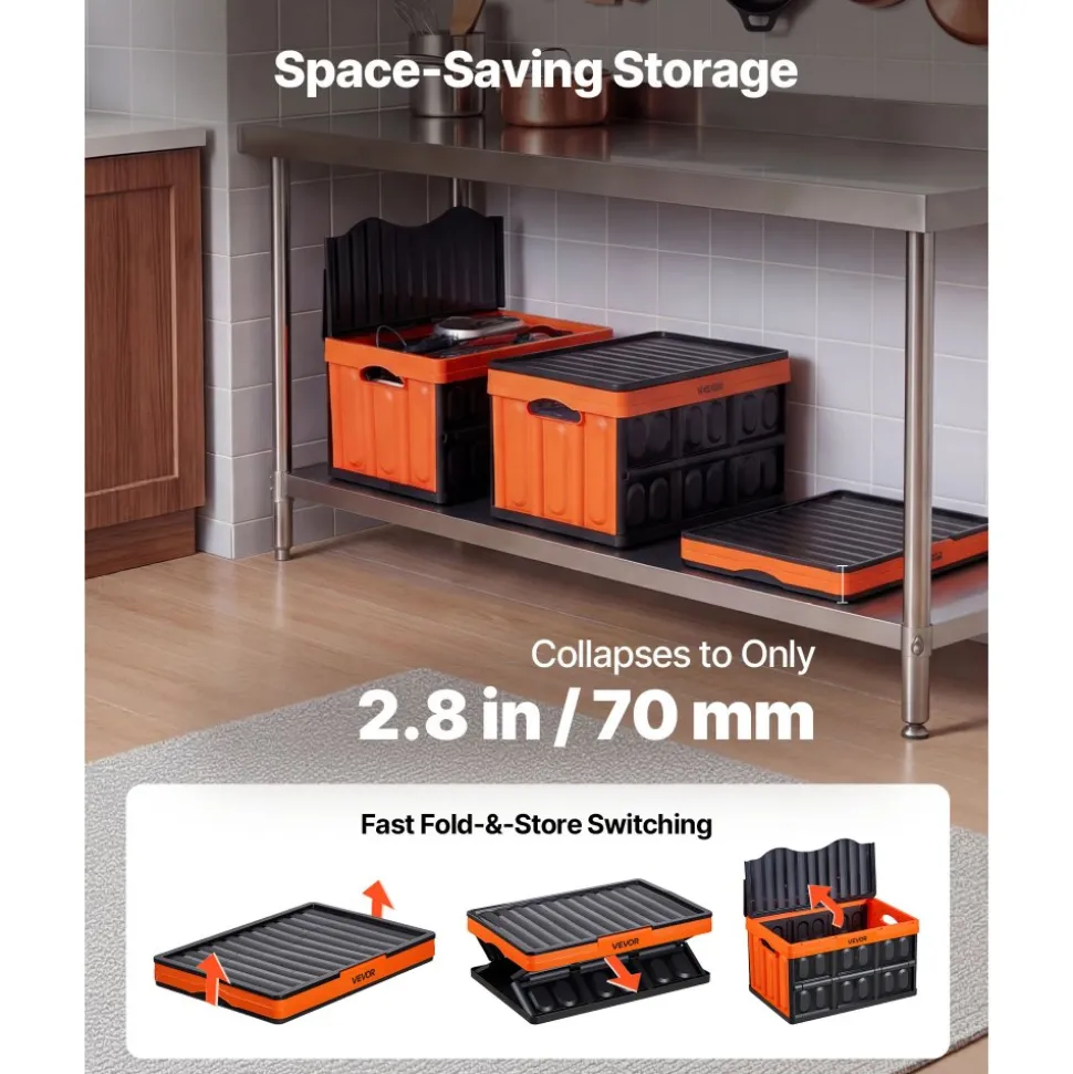 VEVOR Plastic Collapsible Storage Bins with Lids, 65L 2 Packs, Stackable Folding Storage Crates with Handles, Holds 84 lbs Per Bin, Heavy Duty Containers, Space-Saving Baskets, for Home Organizing