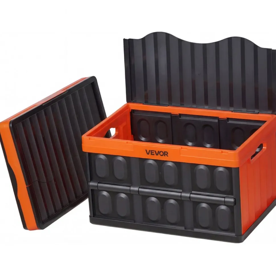 VEVOR Plastic Collapsible Storage Bins with Lids, 65L 2 Packs, Stackable Folding Storage Crates with Handles, Holds 84 lbs Per Bin, Heavy Duty Containers, Space-Saving Baskets, for Home Organizing
