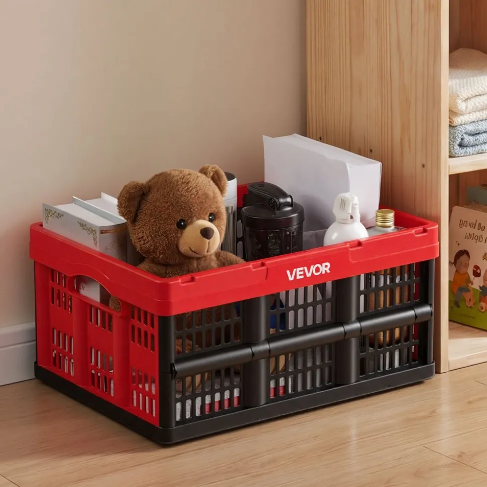 VEVOR Plastic Collapsible Storage Bins with Lids, 65L 3 Packs, Stackable Folding Storage Crates with Handles, Holds 84 lbs Per Bin, Heavy Duty Containers, Space-Saving Baskets, for Home Organizing