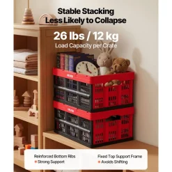 VEVOR Plastic Collapsible Storage Bins with Lids, 65L 3 Packs, Stackable Folding Storage Crates with Handles, Holds 84 lbs Per Bin, Heavy Duty Containers, Space-Saving Baskets, for Home Organizing
