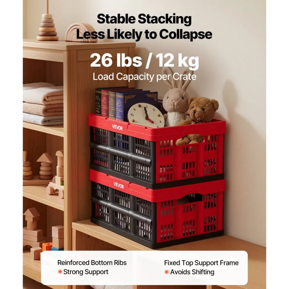 VEVOR Plastic Collapsible Storage Bins with Lids, 65L 3 Packs, Stackable Folding Storage Crates with Handles, Holds 84 lbs Per Bin, Heavy Duty Containers, Space-Saving Baskets, for Home Organizing