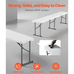 VEVOR Plastic Folding Bench, 6 ft Portable Bench for Indoor/Outdoor Picnic Party Patio Camping Dining, Foldable Smooth HDPE Seat for Garden Soccer Multipurpose Entertaining Activities, 2 Pack, White