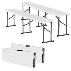VEVOR Plastic Folding Bench, 6 ft Portable Bench for Indoor/Outdoor Picnic Party Patio Camping Dining, Foldable Smooth HDPE Seat for Garden Soccer Multipurpose Entertaining Activities, 2 Pack, White