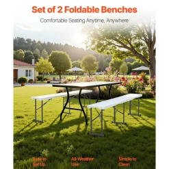 VEVOR Plastic Folding Bench, 6 ft Portable Bench for Indoor/Outdoor Picnic Party Patio Camping Dining, Foldable Smooth HDPE Seat for Garden Soccer Multipurpose Entertaining Activities, 2 Pack, White