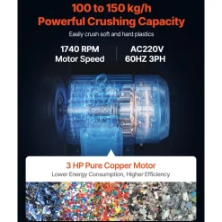 VEVOR Plastic Shredder Crusher, 3HP/2.2KW Plastic Grinder Granulator, 100-150kg/h Capacity Pulverizer Recycling Machine with Wheels, SDK-11 Blade & 6mm Mesh for PVC ABS PTFE (220V 60Hz 3-Phase)