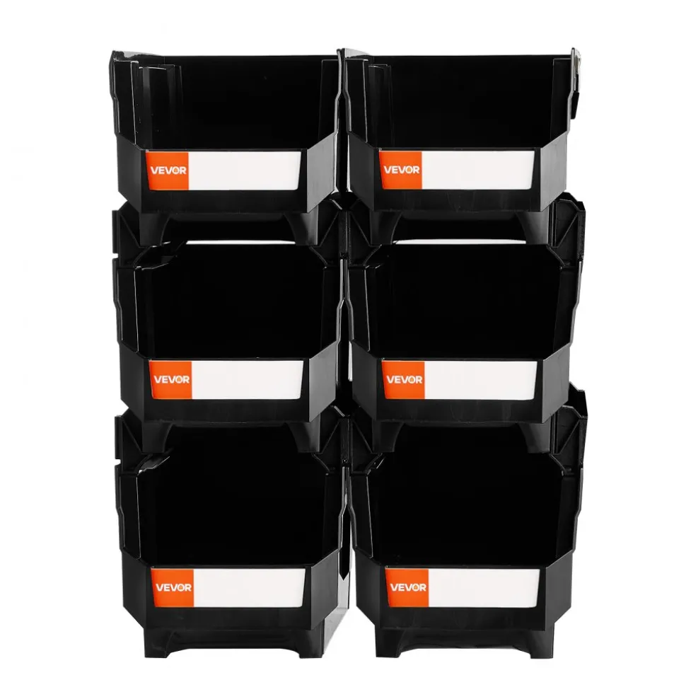 VEVOR Plastic Stackable Storage Bins, 14.8 x 8.5 x 7.1 inch (6 Pack), Plastic Containers for Organizing and Storage Bins for Closet, Garage, Small Parts, Office Supplies and Other Accessories, Black