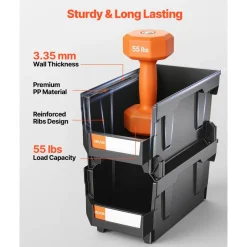 VEVOR Plastic Stackable Storage Bins, 14.8 x 8.5 x 7.1 inch (6 Pack), Plastic Containers for Organizing and Storage Bins for Closet, Garage, Small Parts, Office Supplies and Other Accessories, Black