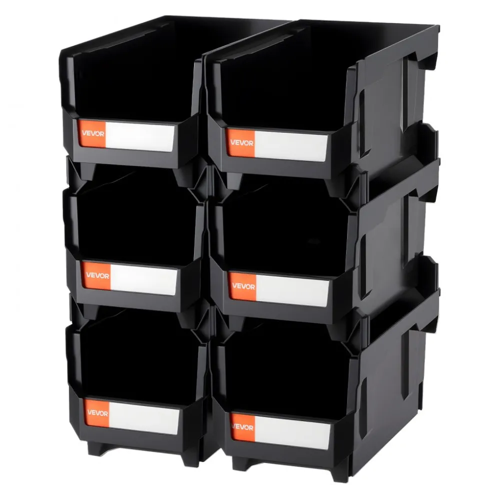 VEVOR Plastic Stackable Storage Bins, 14.8 x 8.5 x 7.1 inch (6 Pack), Plastic Containers for Organizing and Storage Bins for Closet, Garage, Small Parts, Office Supplies and Other Accessories, Black