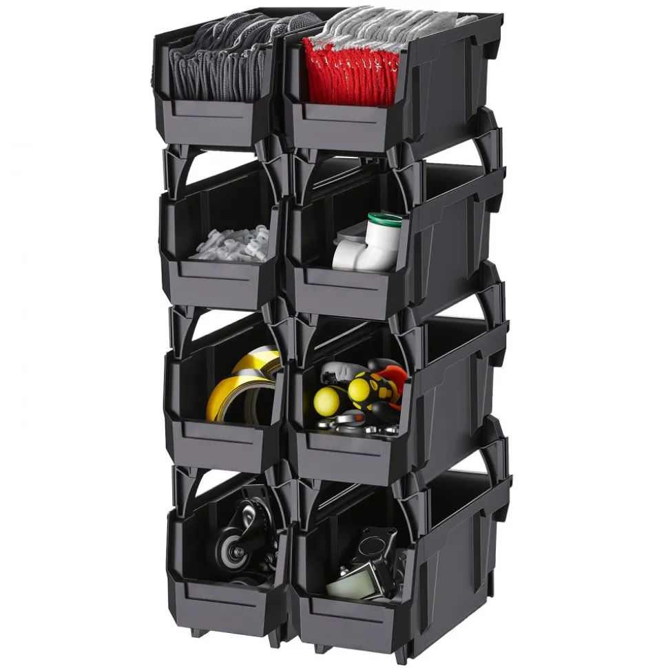 VEVOR Plastic Stackable Storage Bins, 10.9 x 5.5 x 5.1 inch (8 Pack), Plastic Containers for Organizing and Storage Bins for Closet, Garage, Small Parts, Office Supplies and Other Accessories, Black