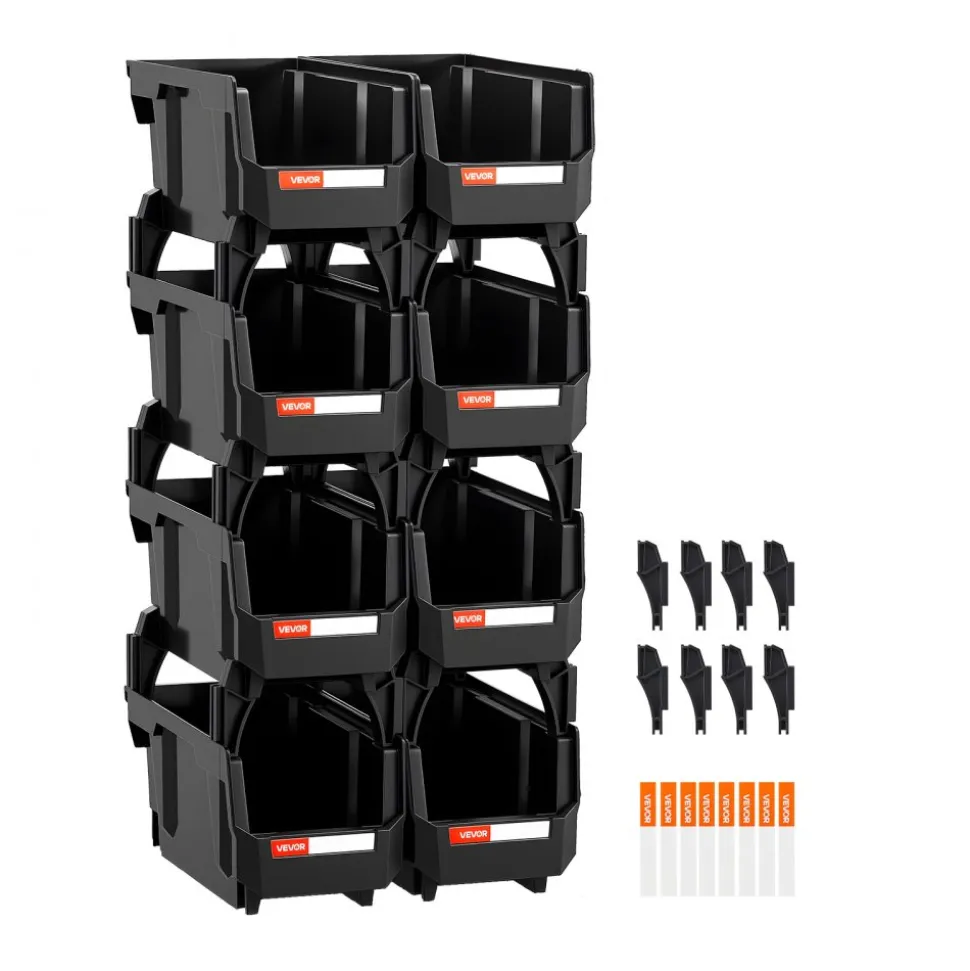 VEVOR Plastic Stackable Storage Bins, 10.9 x 5.5 x 5.1 inch (8 Pack), Plastic Containers for Organizing and Storage Bins for Closet, Garage, Small Parts, Office Supplies and Other Accessories, Black