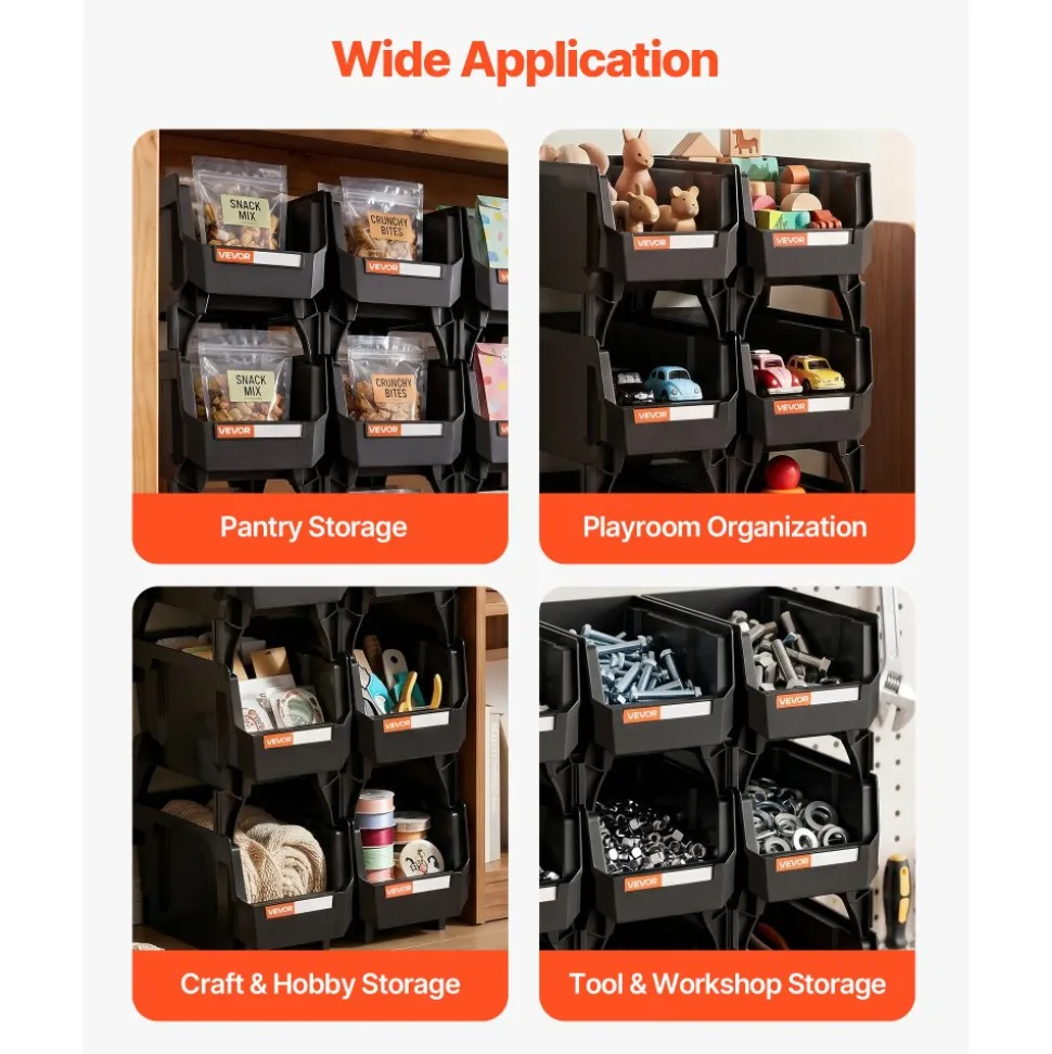 VEVOR Plastic Stackable Storage Bins, 10.9 x 5.5 x 5.1 inch (8 Pack), Plastic Containers for Organizing and Storage Bins for Closet, Garage, Small Parts, Office Supplies and Other Accessories, Black