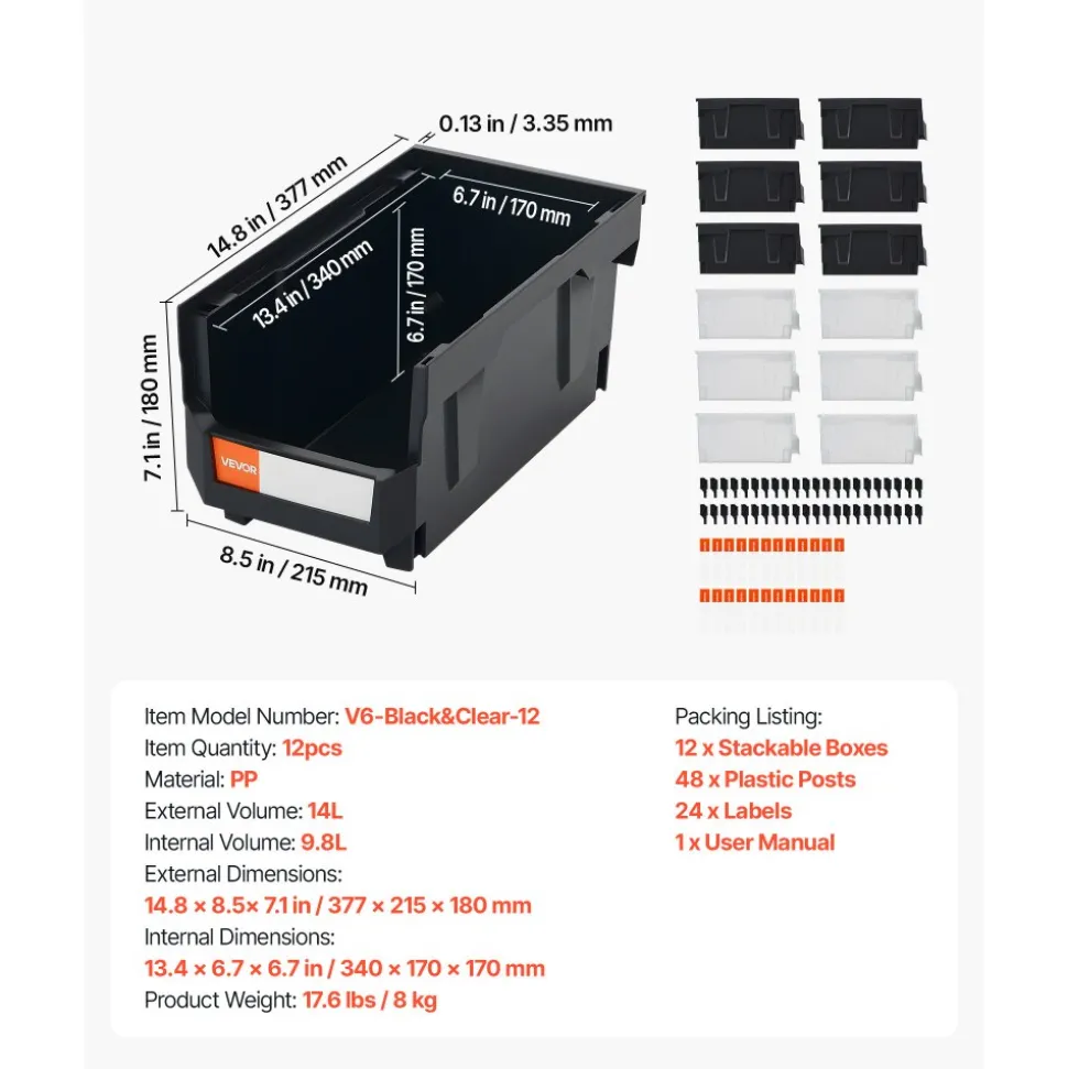 VEVOR Plastic Stackable Storage Bins, 14.8 x 8.5 x 7.1 inch (12 Pack), Plastic Containers for Organizing & Storage Bins for Garage, Small Parts, Office Supplies, Other Accessories, Black & Transparent