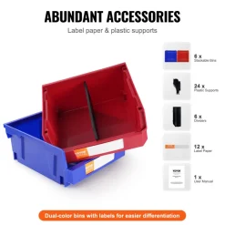 VEVOR Plastic Storage Bin, (11-Inch x 11-Inch x 5-Inch), Hanging Stackable Storage Organizer Bin, Blue/Red, 6-Pack, Heavy Duty Stacking Containers for Closet, Kitchen, Office, or Pantry Organization
