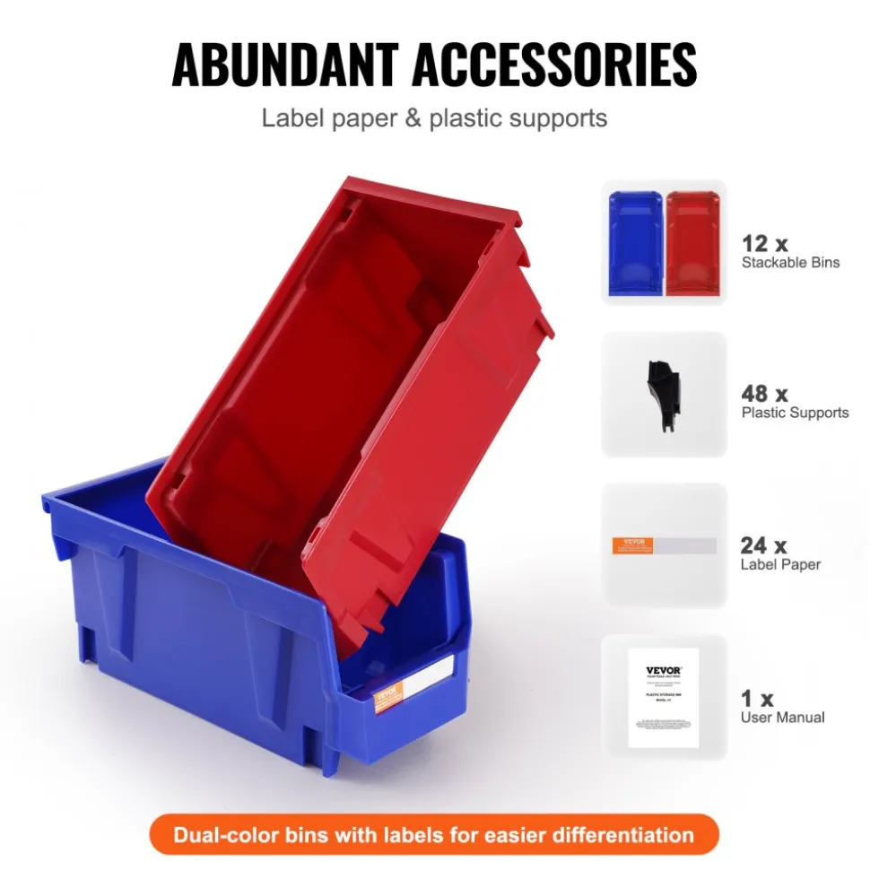 VEVOR Plastic Storage Bin, (11-Inch x 5-Inch x 5-Inch), Hanging Stackable Storage Organizer Bin, Blue/Red, 12-Pack, Heavy Duty Stacking Containers for Closet, Kitchen, Office, or Pantry Organization