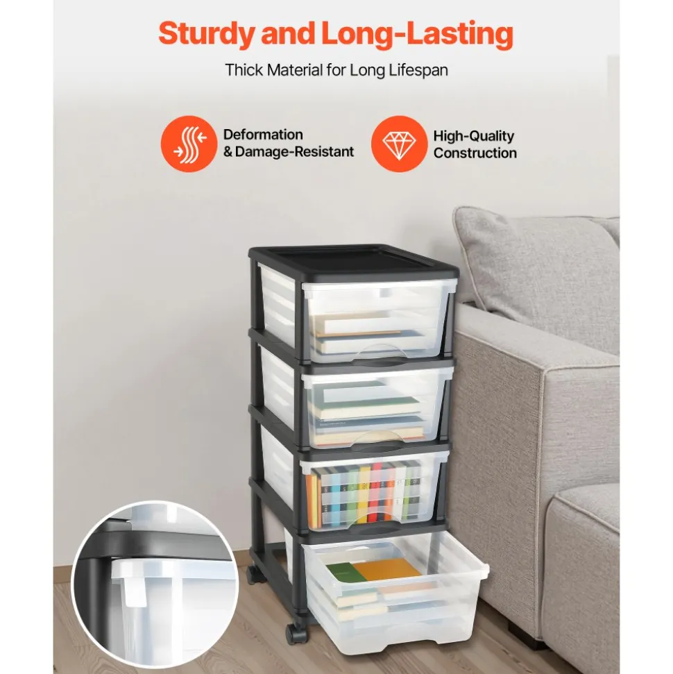 VEVOR Plastic Storage Drawers Cart, 4 Drawers Storage Organizer with Wheels, Rolling Closet Organization and Storage Dividers, Dresser Organizer Clear Bins for Office Supplies, Craft Rooms, Classrooms