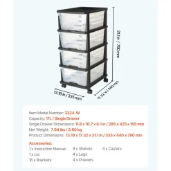 VEVOR Plastic Storage Drawers Cart, 4 Drawers Storage Organizer with Wheels, Rolling Closet Organization and Storage Dividers, Dresser Organizer Clear Bins for Office Supplies, Craft Rooms, Classrooms