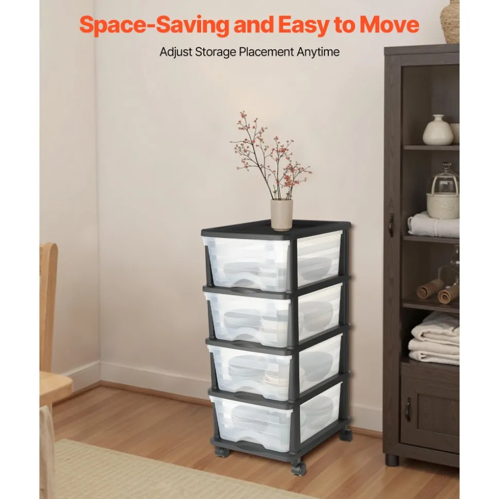 VEVOR Plastic Storage Drawers Cart, 4 Drawers Storage Organizer with Wheels, Rolling Closet Organization and Storage Dividers, Dresser Organizer Clear Bins for Office Supplies, Craft Rooms, Classrooms