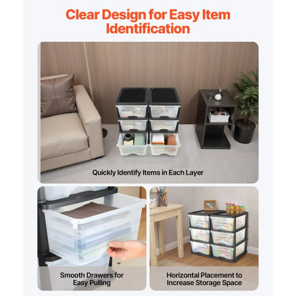 VEVOR Plastic Storage Drawers, 2 Pack Storage Organizer Drawer, 6 Drawers Closet Organization and Storage Dividers, Dresser Organizer Clear Bins for Office Supplies, Craft Rooms, Classrooms and Home