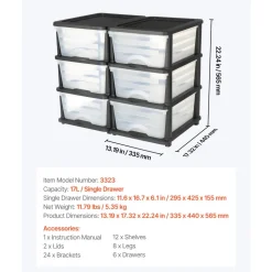 VEVOR Plastic Storage Drawers, 2 Pack Storage Organizer Drawer, 6 Drawers Closet Organization and Storage Dividers, Dresser Organizer Clear Bins for Office Supplies, Craft Rooms, Classrooms and Home