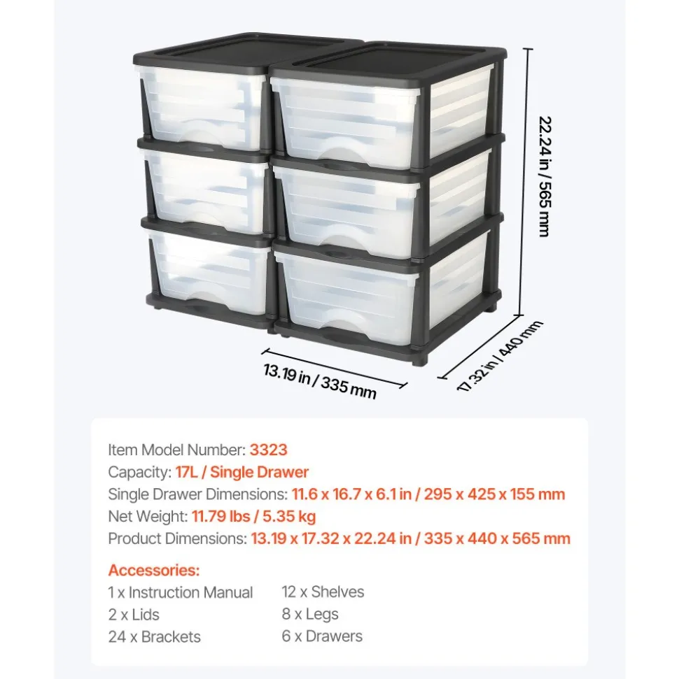VEVOR Plastic Storage Drawers, 2 Pack Storage Organizer Drawer, 6 Drawers Closet Organization and Storage Dividers, Dresser Organizer Clear Bins for Office Supplies, Craft Rooms, Classrooms and Home