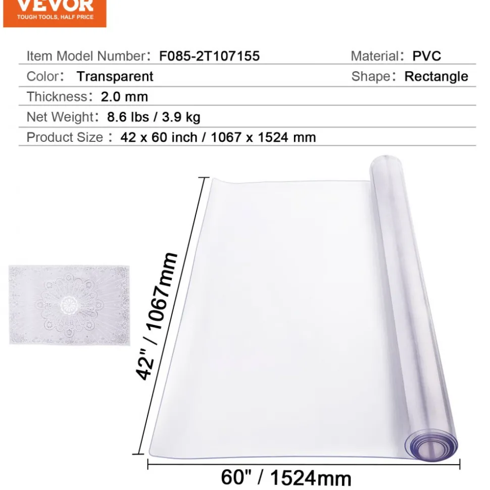 VEVOR Plastic Table Cover, 42 x 60 Inch 2.0 mm Thick Clear Table Protector, Rectangle PVC Desk Mat, Waterproof & Easy Cleaning Desk Pad Tablecloth, for Office Dresser Dining Room Table Night Stand