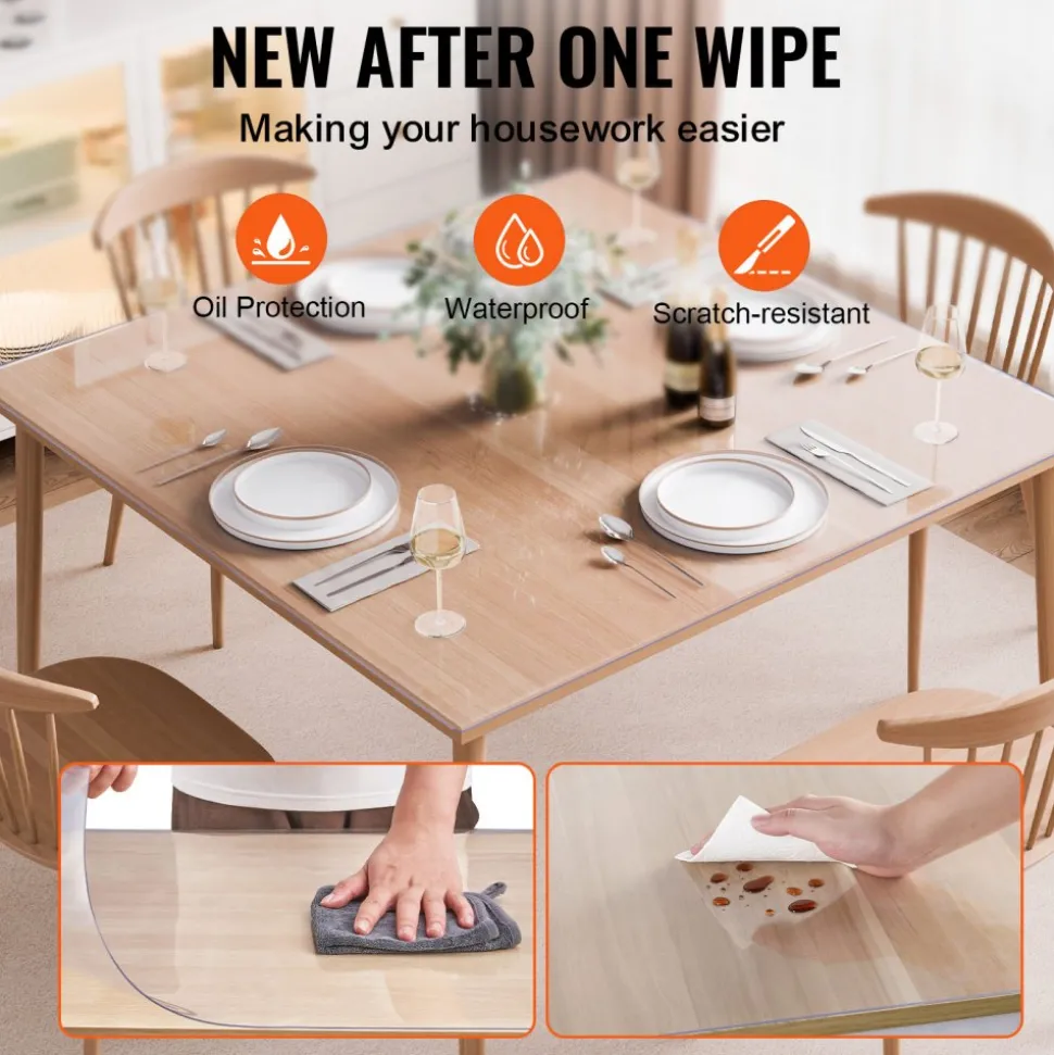 VEVOR Plastic Table Cover, 54 x 54 Inch 2.0 mm Thick Clear Table Protector, Square PVC Desk Mat, Waterproof & Easy Cleaning Desk Pad Tablecloth, for Office Dresser Dining Room Table Night Stand