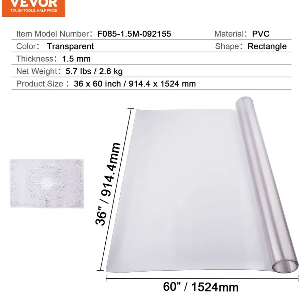 VEVOR Plastic Table Cover, 36 x 60 Inch 1.5 mm Thick Frosted Table Protector, Rectangle PVC Desk Mat, Waterproof & Easy Cleaning Desk Pad Tablecloth, for Office Dresser Dining Room Table Night Stand